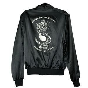 Vtg 90s Satin Bomber Cafe Racer Jacket University Of King Fu Streetwear Size L